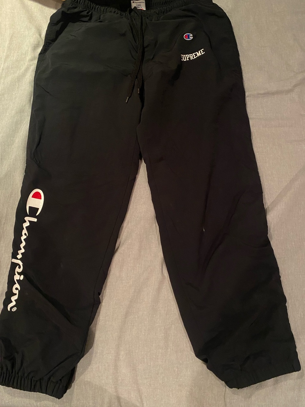 Men's Champion X Supreme Track Pants 2018 Spell Out Black Nylon Lined